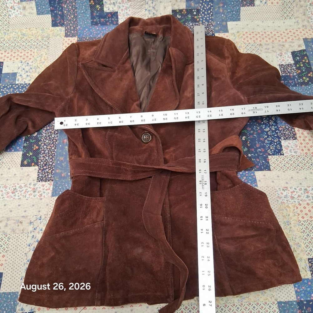 * Vintage 70s Brown Suede Leather Belted Jacket Coat Womens Small Boho Argentina - Picture 7 of 10